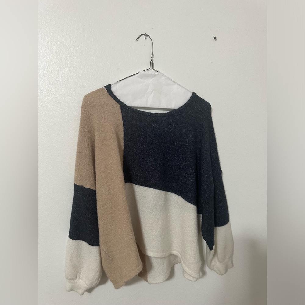 White, Tan, and Navy color block sweater